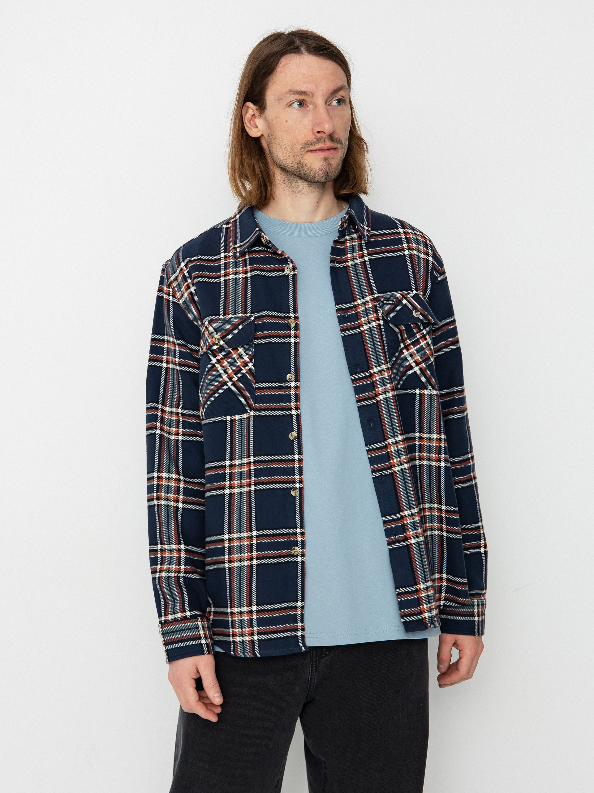 u0421u043eu0440u043eu0447u043au0430 Brixton Bowery Flannel Ls (washed navy/off white/terracot)