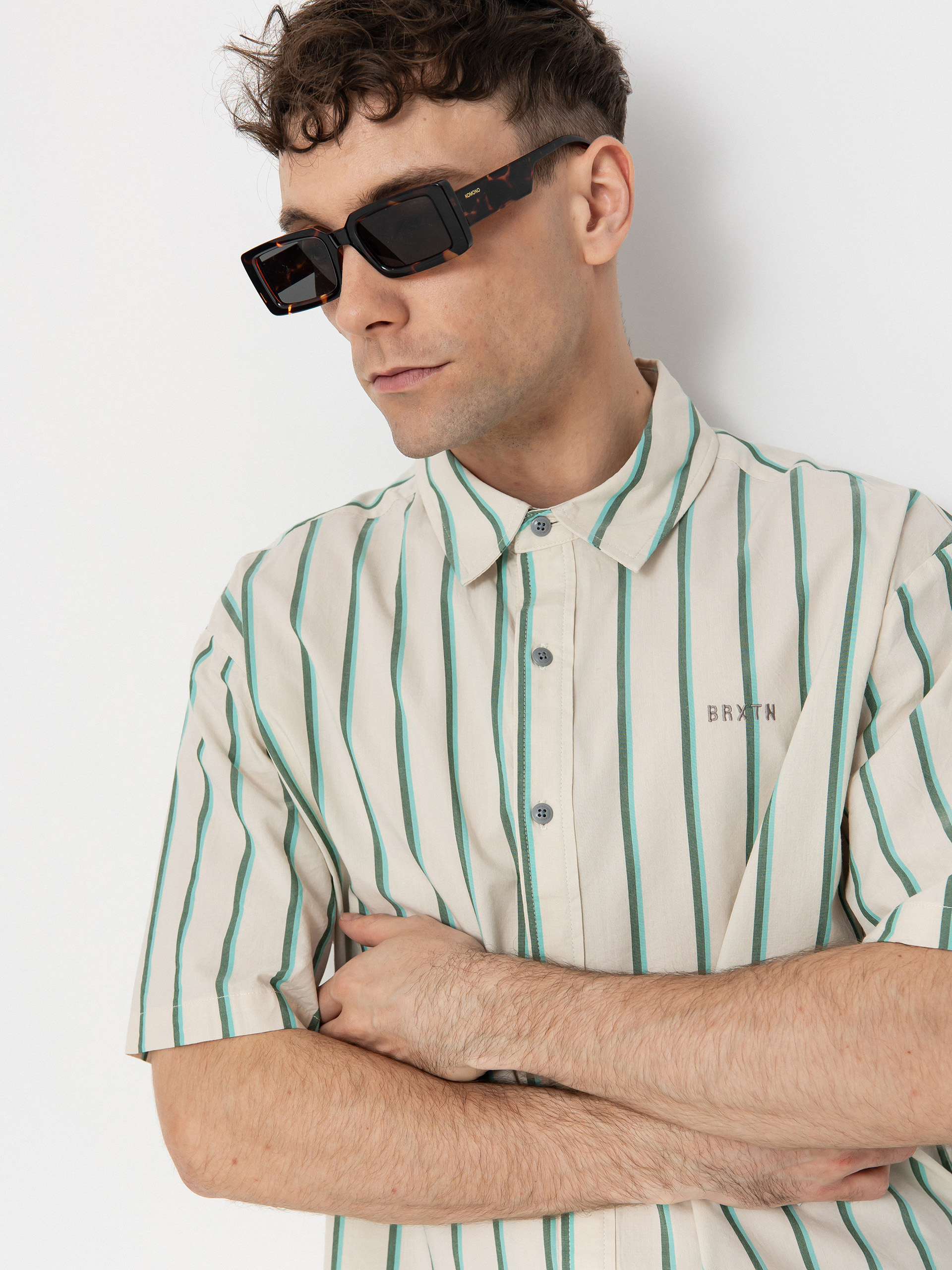 Сорочка Brixton Cru Stripe (beige/pine needle/aquatic gree)