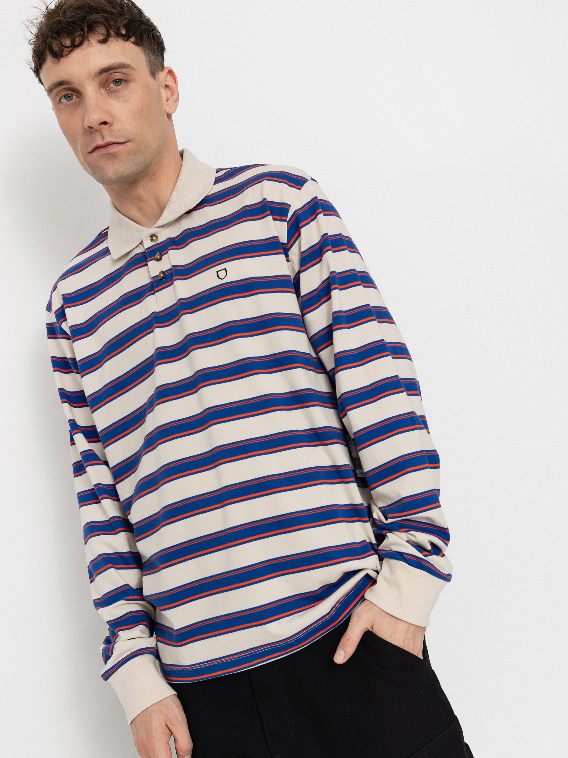 Лонгслів Brixton Vintage Stripe Polo Knit (electric blue/flame/whitecap)
