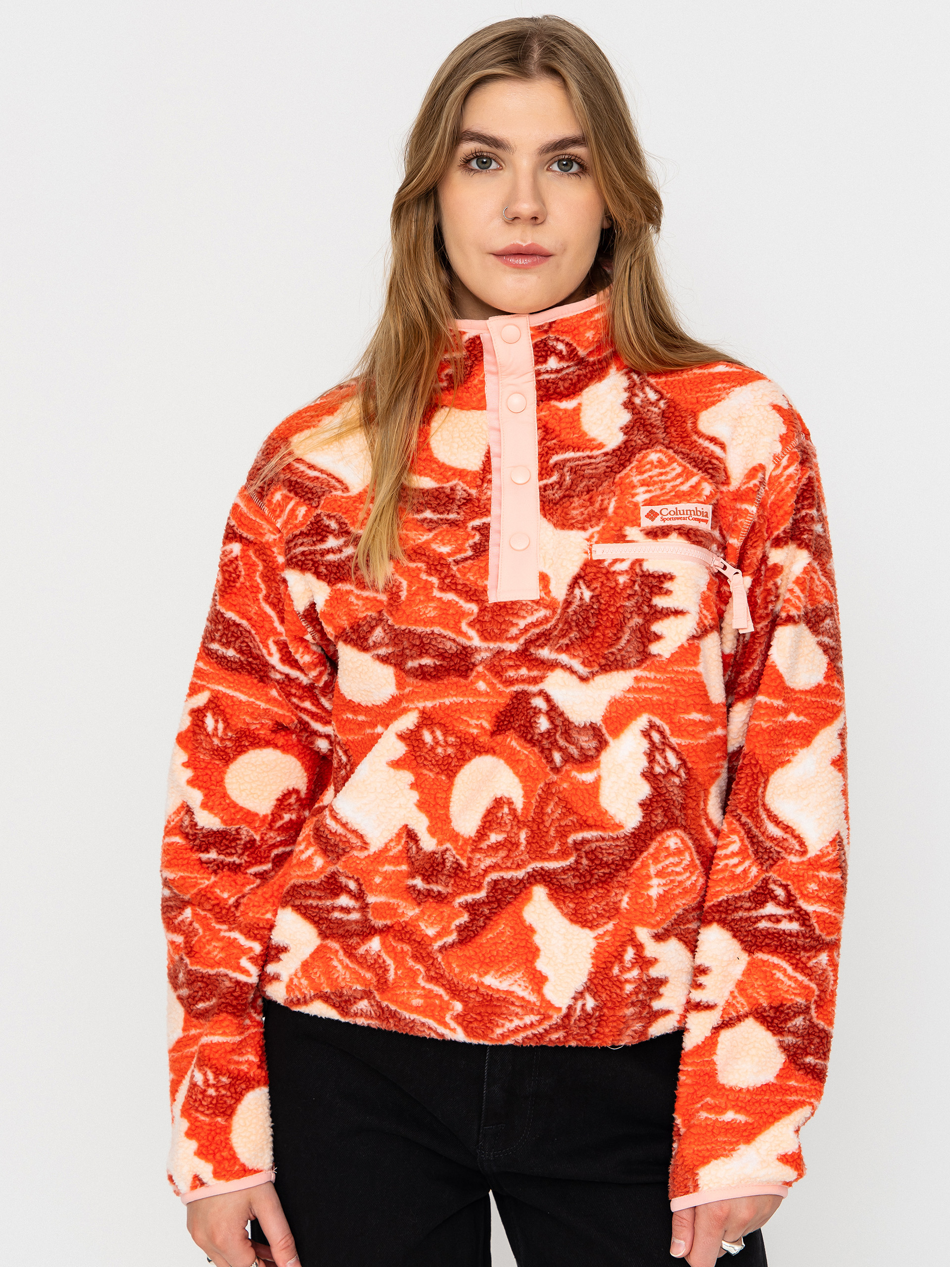 Флісовий светр Columbia Helvetia II Printed Cropped Half Snap Wmn (poppy red/sunscape)