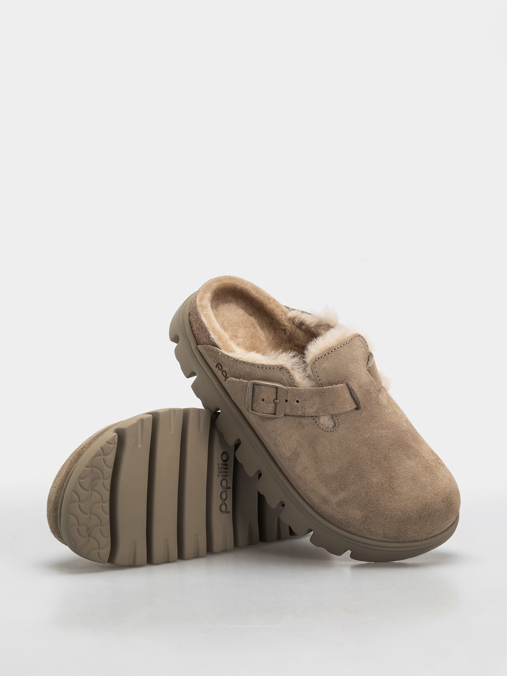 Шльопанці Birkenstock Boston Chunky Shearling Suede Leather Narrow Wmn (taupe)